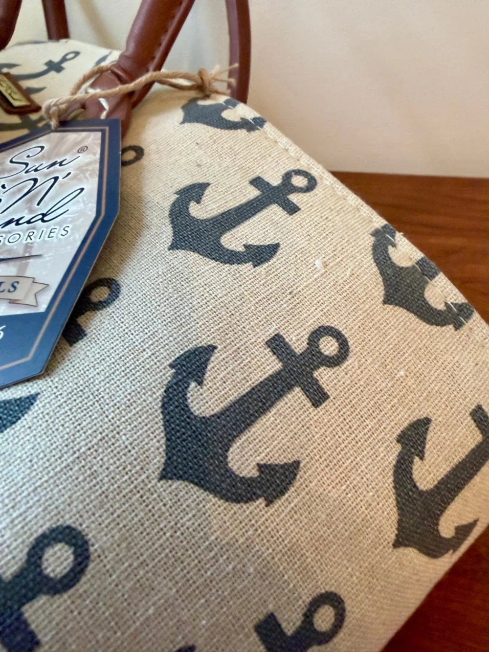 Reduced!! NWT Sun 'N' Sand Canvas Nautical Anchor Print Tote with Brown Handles - Picture 14 of 16